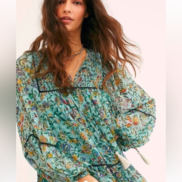 Free People metallic floral balloon sleeve dress - Picture 2 of 12